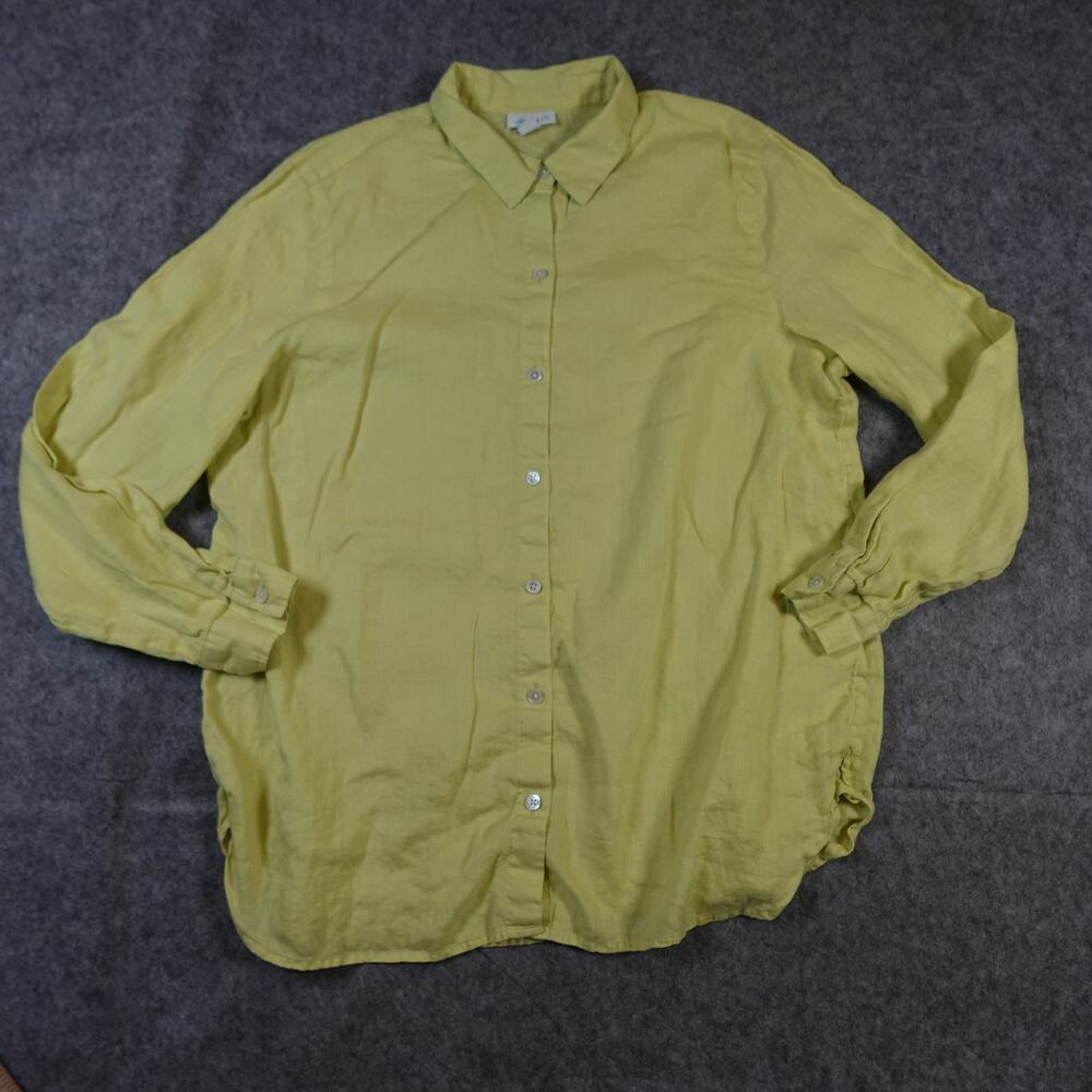J. Jill Top Womens Medium Linen Button Front Chartreuse Beachy Coastal Lagenlook